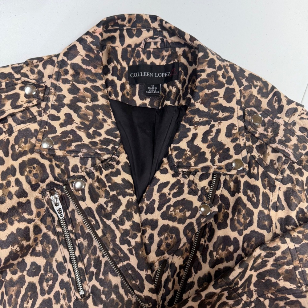 Colleen Lopez Women Leopard Print Faux Leather Moto Jacket Tan Black 1X 691404